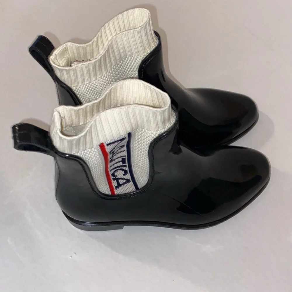 Nautica Women’s Black Rain Boots with Red White & Blue Logo on each Boot Size 7